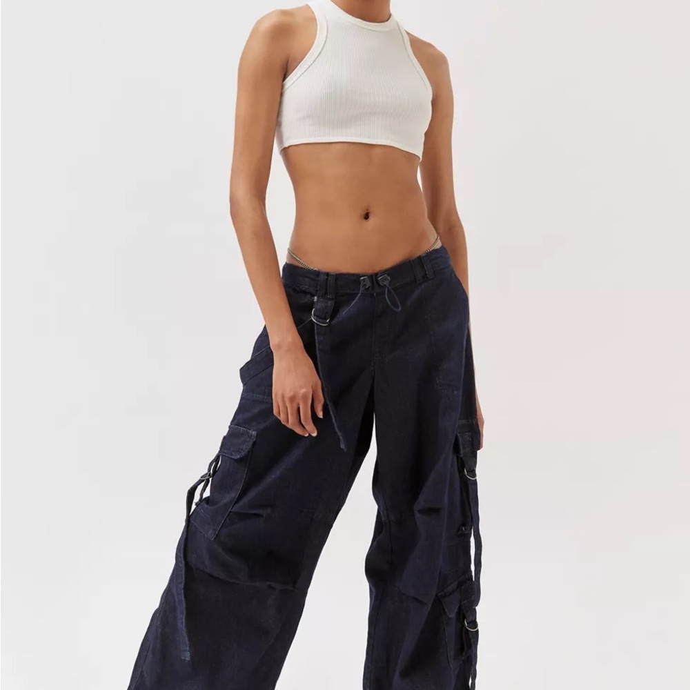 White Ribbed Crop Top and Black Cargo Pants